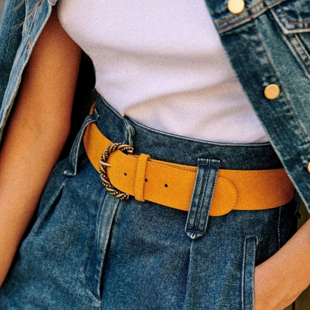 Mustard Yellow Women's Suede Belt with Decorative Buckle